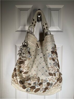 Vintage Isabella Fiori Boho Cream Lambskin Hobo Bag Embellished with Bead/Sequin